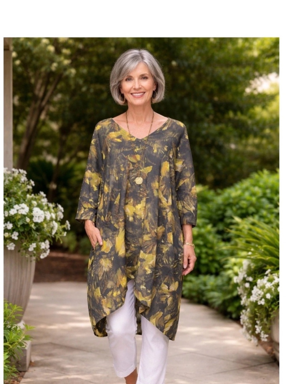 Bryn Walker Bingley Luna Dress Women XL Floral 3/4 Sleeve Pocket Tunic Lagenlook